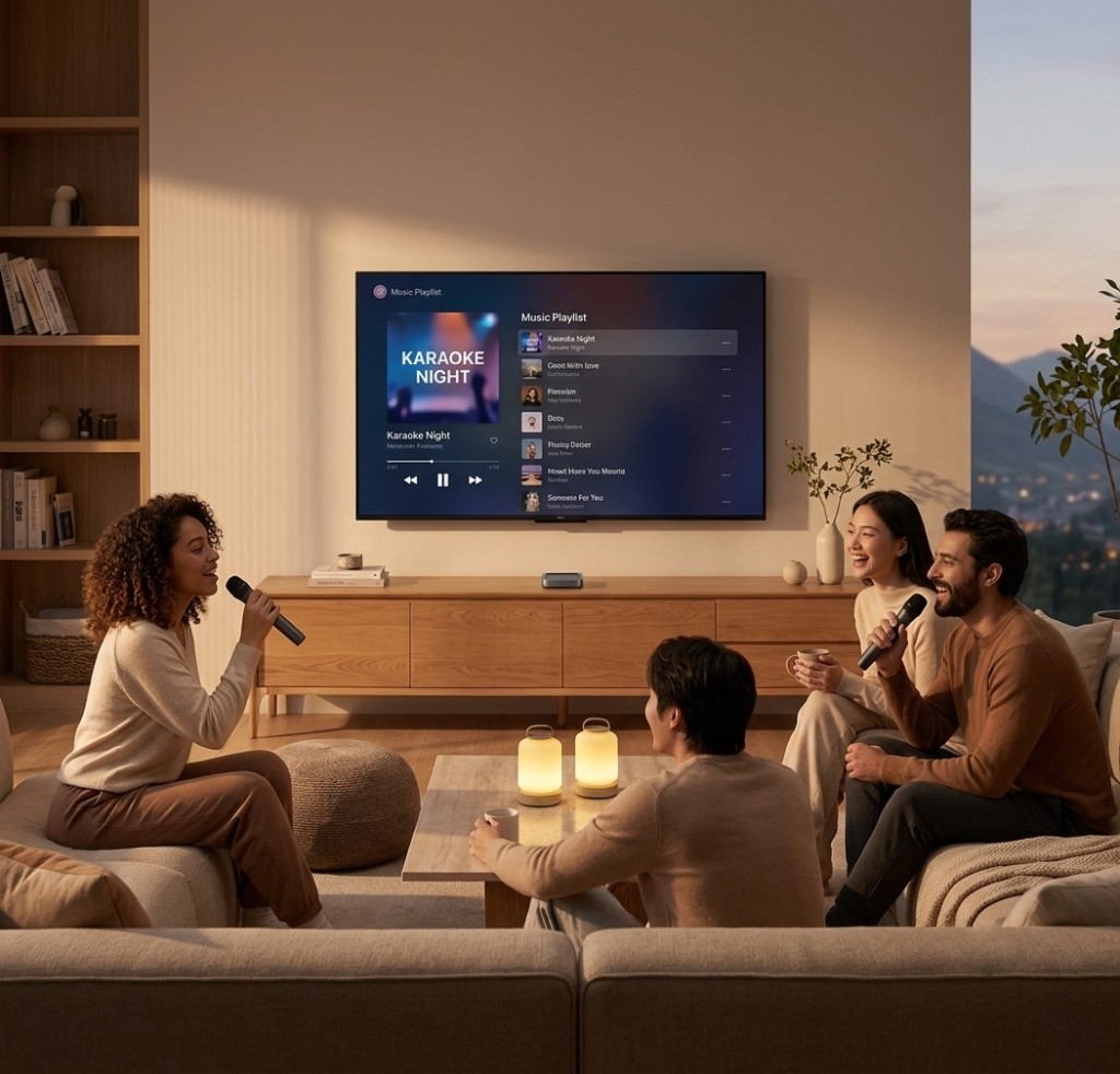 Friends singing karaoke in a living room with Echo 01