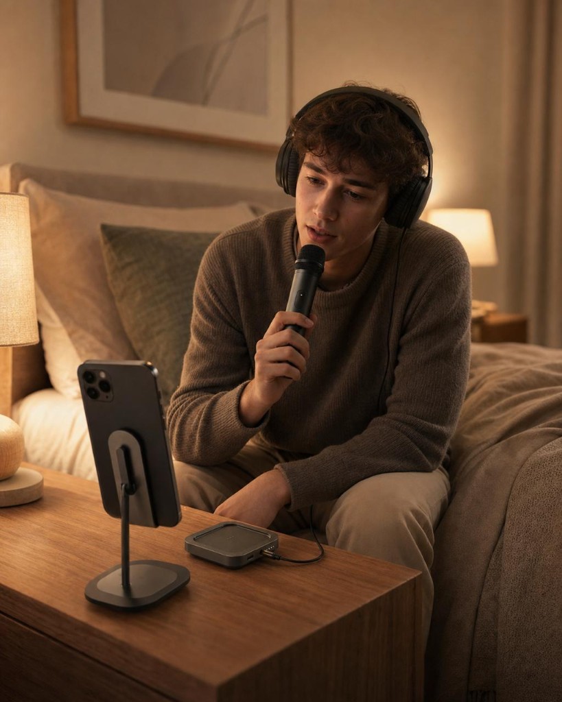 Home recording with a wireless microphone, phone stand, and audio hub